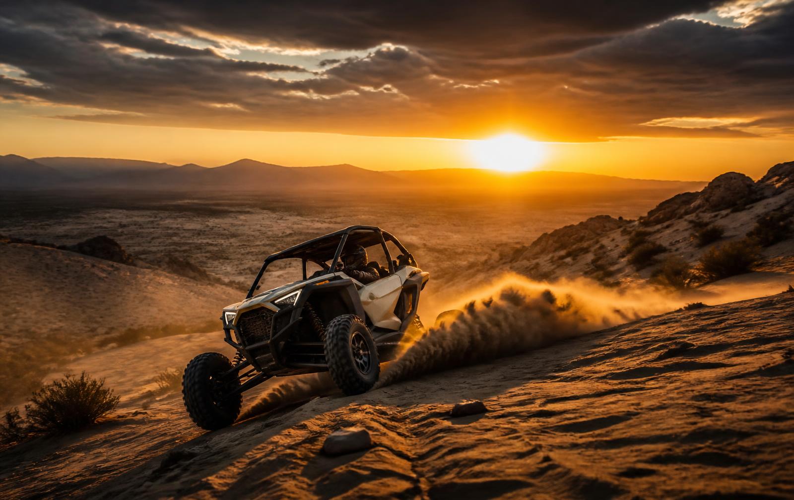 Side-by-side UTV climbing a desert ridge at sunset